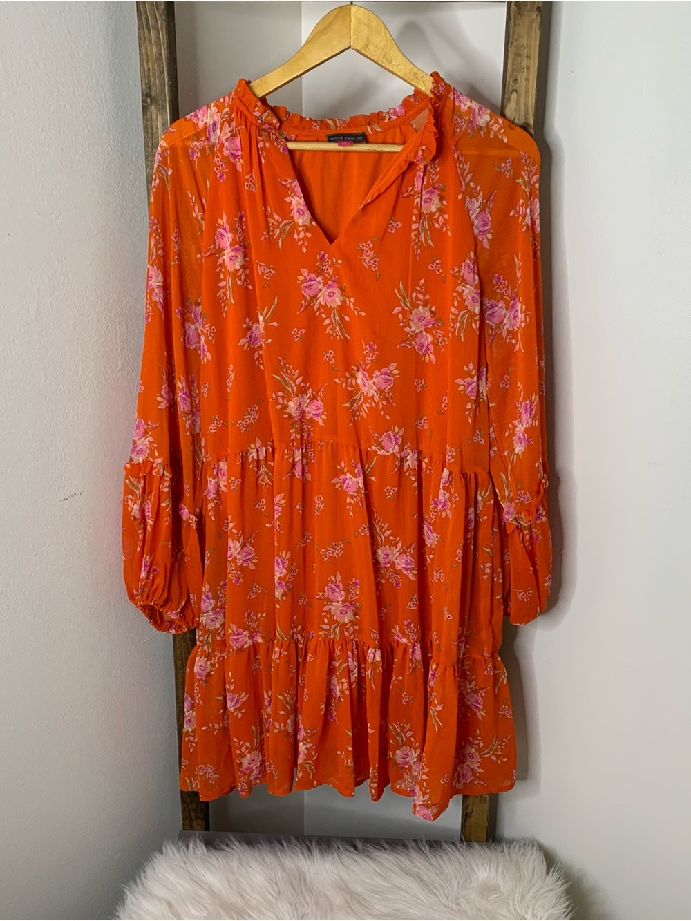 Vince Camaro Women's Orange Floral Tiered Long-Sleeve Dress Size L